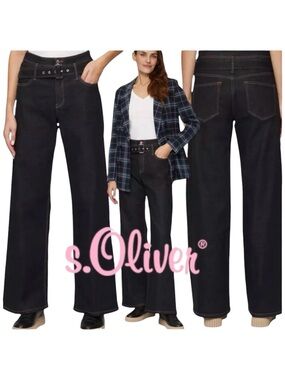 s. Oliver Dark Wash Suri High Rise Regular Fit Wide Leg Belted Jeans (8)